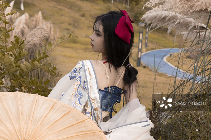 秋天芦苇地里穿汉服年轻女子拿伞回眸图片素材