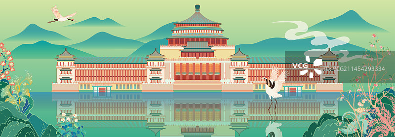 国风地标系列—国潮风重庆人民大礼堂矢量插画图片素材