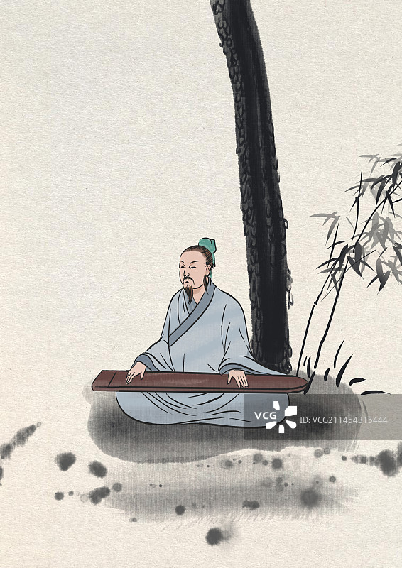 中国风新中式古风古典古代古时候古人古装汉服历史文化音乐音律弹琴抚琴插画图片素材