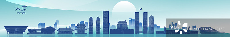 国风太原城市地标建筑蓝色矢量插画海报图片素材