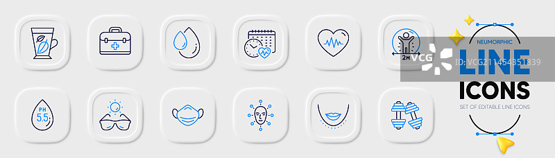 太阳镜哑铃和医用口罩线条图标图片素材