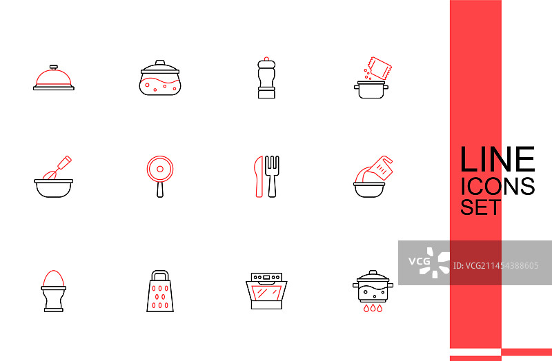 烹饪锅、烤箱、烤架和鸡肉线条组合图片素材