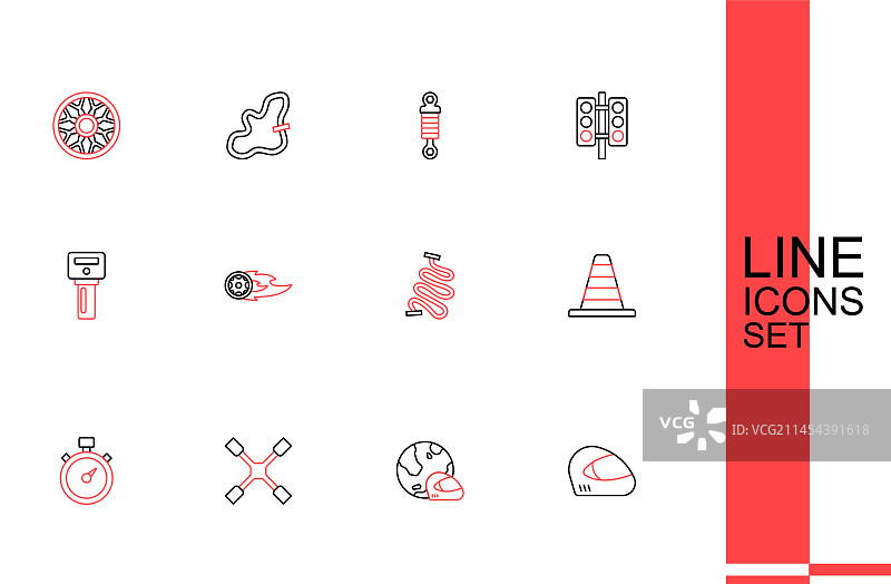 赛车头盔、车轮扳手和合金车轮线条图标图片素材