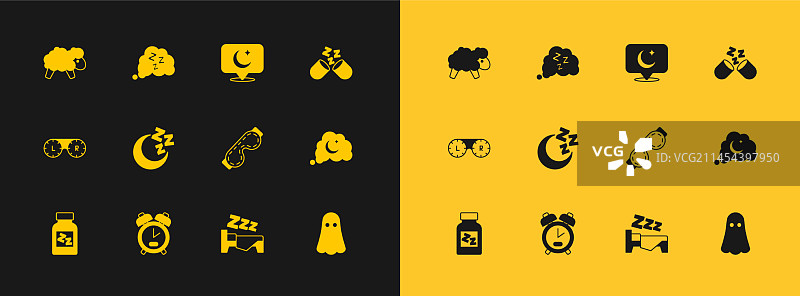 安眠药闹钟眼罩睡眠时间图标套装图片素材