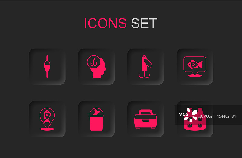 渔具组合：水桶、鱼、渔夫、鱼漂、鱼箱图片素材