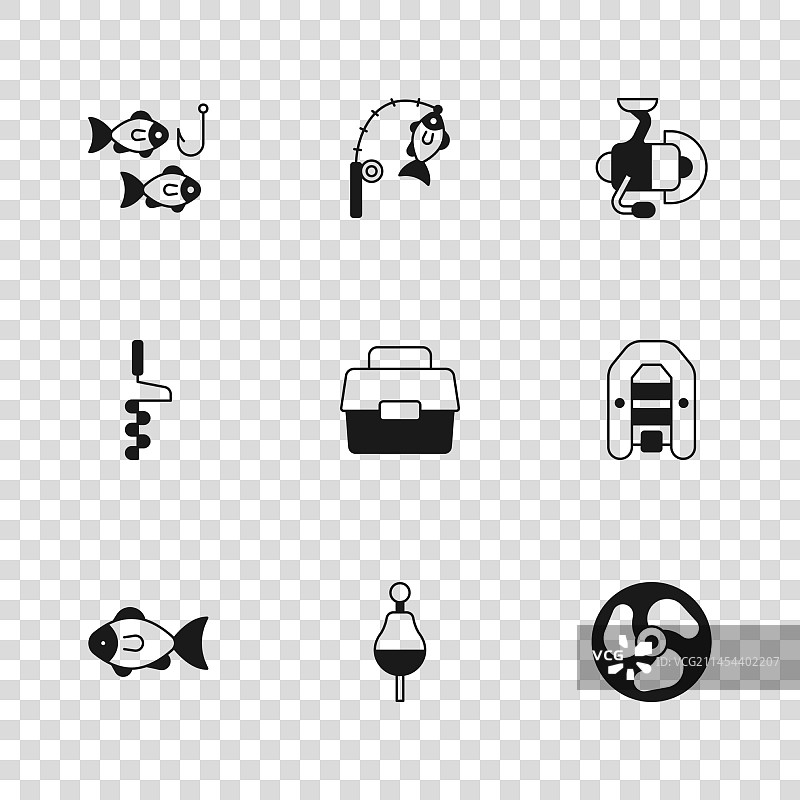 鱼漂、带发动机的充气船组合图片素材