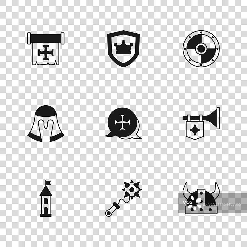 带刺钉的钉头锤、喇叭旗、维京人组合图片素材