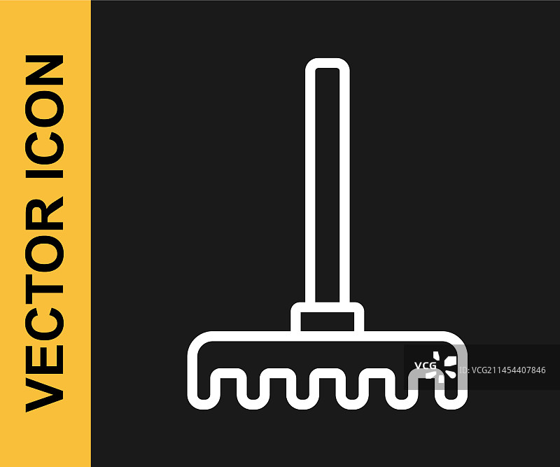 黑色背景上的白色线条花园耙子图标图片素材