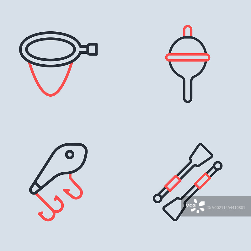 延绳钓、浮漂、假饵、船桨和船图片素材