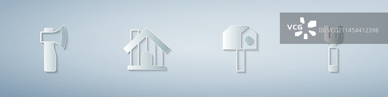 木制斧头农舍小鸟花园元素套装图片素材