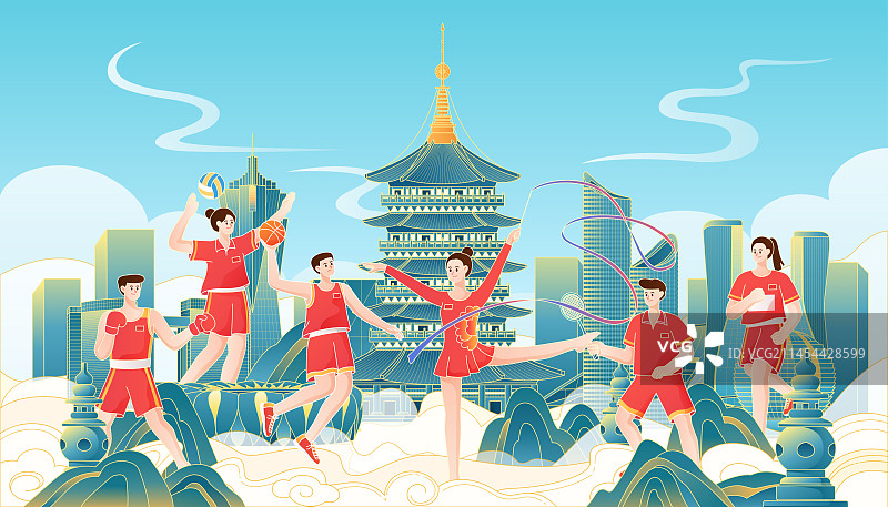 国潮风杭州建筑运动员矢量横幅插画图片素材