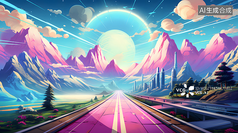 【AI数字艺术】复古未来主义阳光风景抽象图形海报网页PPT背景图片素材