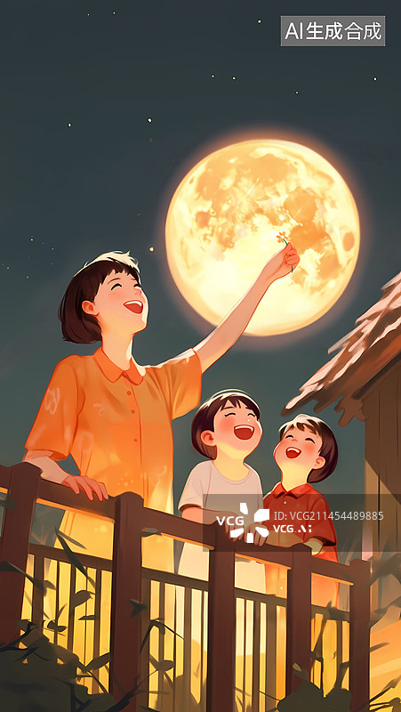 【AI数字艺术】中秋月圆的夜晚女人和孩子们在一起插画图片素材
