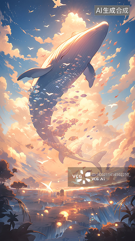 【AI数字艺术】梦幻天空鲸鱼插画图片素材