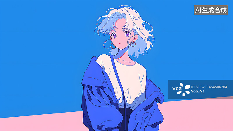 【AI数字艺术】蓝色背景的白发少女图片素材