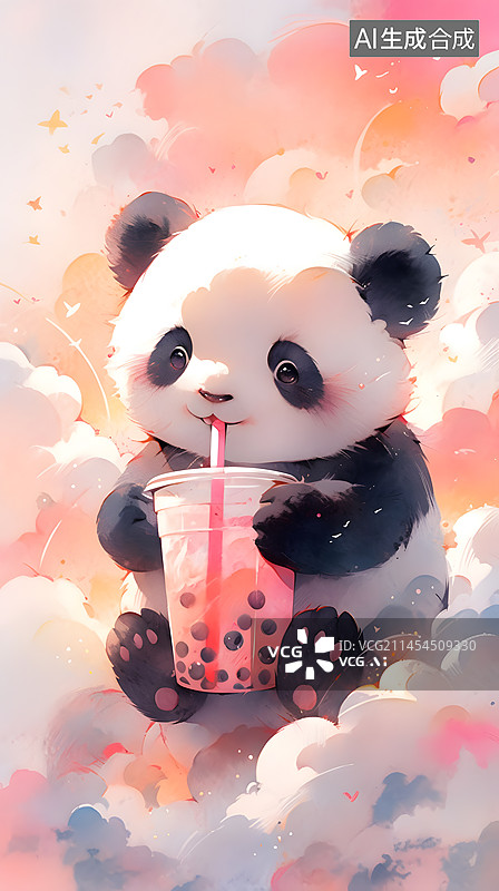 【AI数字艺术】喝茶奶茶的熊猫图片素材