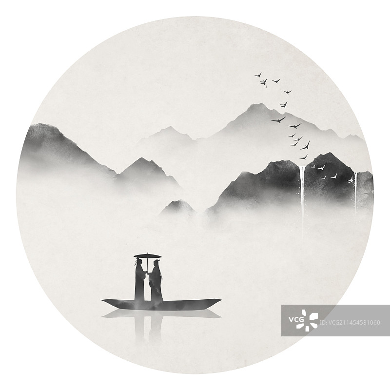 中国风水墨画乘船撑伞图片素材