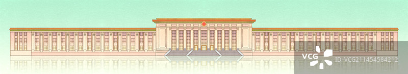 首都北京，中轴线建筑，人民大会堂，手绘插画中国风国潮，新中式工笔画国画图片素材