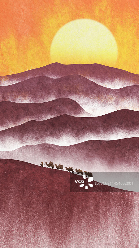 火焰山下牵着骆驼商队行走在沙漠中风景插画图片素材