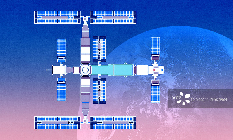 中国空间站插画，载人航天神州飞船，科学技术插画图片素材