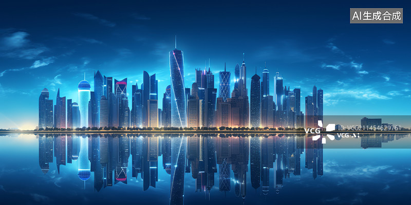 【AI数字艺术】城市天际线水面倒影蓝色背景图片素材