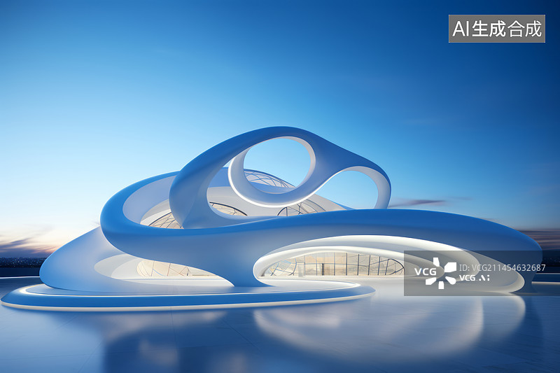 【AI数字艺术】白色抽象未来流线型建筑夜景蓝色天空背景图片素材