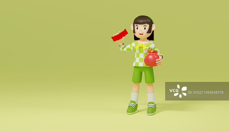 一个女孩一手拿着钱袋一手拿着优惠券插画图片素材