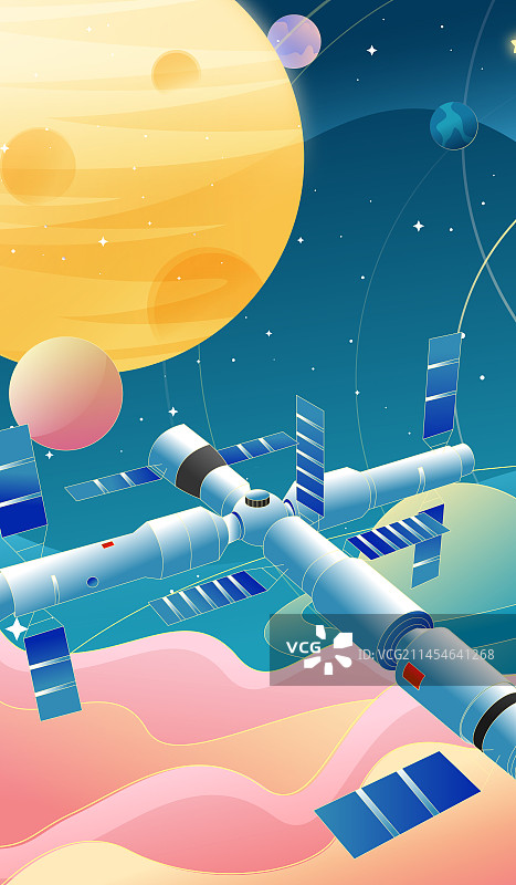 国风中国航天航空空间站矢量插画海报图片素材