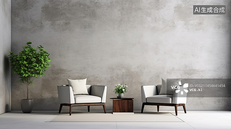 【AI数字艺术】现代住宅的宽敞客厅设计，摆放着沙发、茶几、装饰画等。图片素材