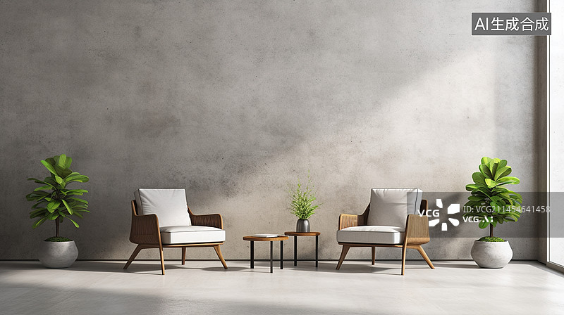 【AI数字艺术】现代住宅的宽敞客厅设计，摆放着沙发、茶几、装饰画等。图片素材