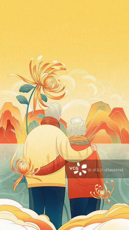 重阳节两位老人国潮风插画图片素材