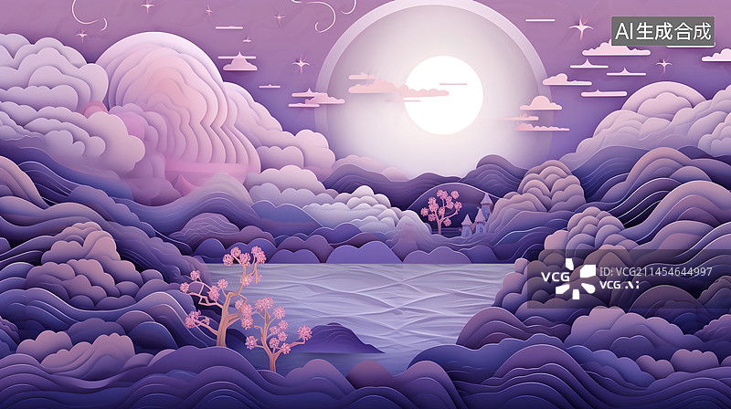 【AI数字艺术】中秋节紫色国潮国风剪纸背景图片素材