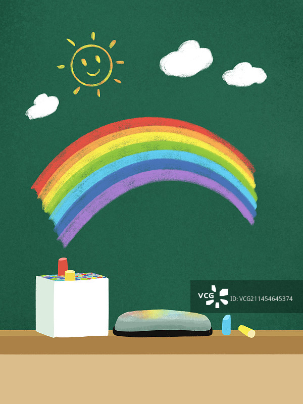 黑板上用粉笔画的彩虹插图图片素材