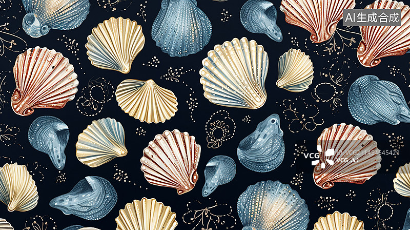【AI数字艺术】蓝色贝壳和海星的无缝图案矢量背景图片素材