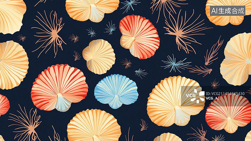 【AI数字艺术】蓝色贝壳和海星的无缝图案矢量背景图片素材