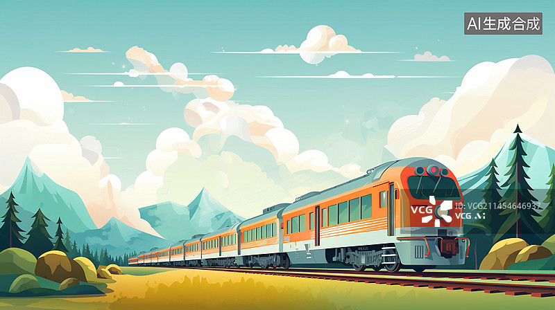 【AI数字艺术】火车穿过雪山峡谷插画背景素材图片素材