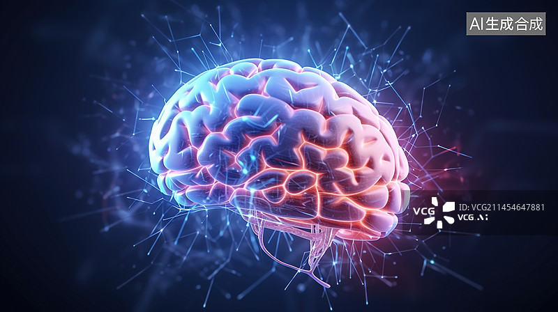 【AI数字艺术】粒子网络空间中的未来主义蓝色数字大脑.人工智能神经网络核磁共振扫描中的神经元.脑活动的医学研究.深度图片素材