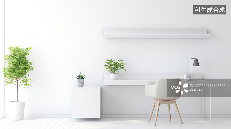 【AI数字艺术】时尚的全白色卧室，简约的装饰和室内空间装饰背景图片素材