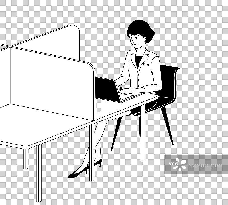 一个短发美女在办公室敲键盘工作黑白矢量图图片素材
