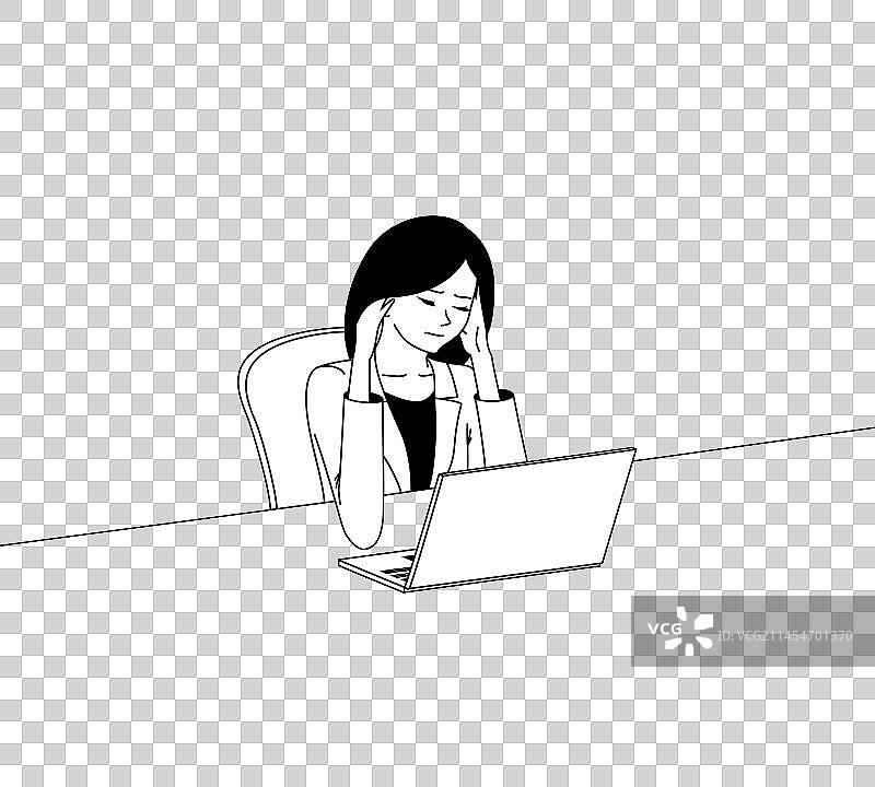 一个美女坐在桌前对着笔记本电脑发愁痛苦黑白矢量图表情图片素材