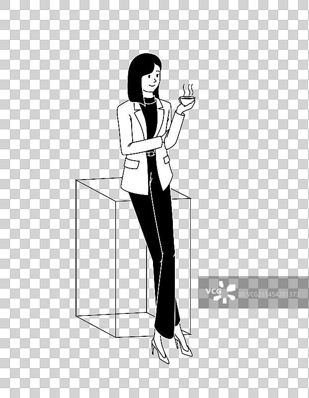 一个美女站着喝咖啡黑白矢量图图片素材