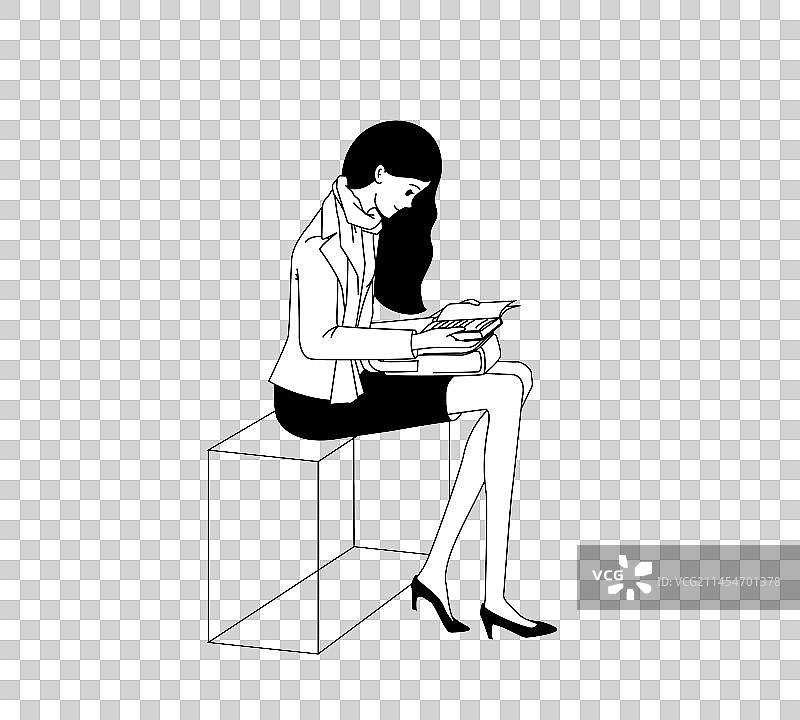一个长发美女低头看书黑白矢量图图片素材