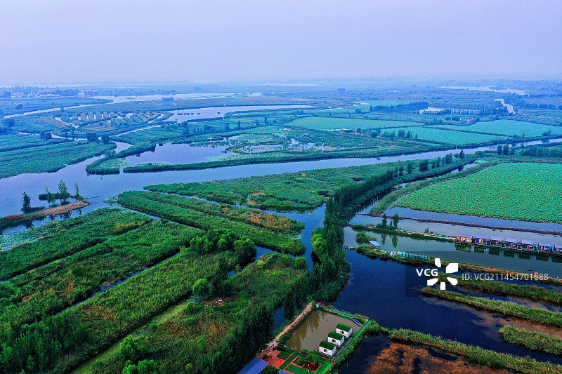 白洋淀，花香艳，碧波荡漾绿无限。鸟飞天，鱼蟹鲜。云水之间廊连天。大观园，伟壮观，惊奇靓丽更养眼 美图片素材