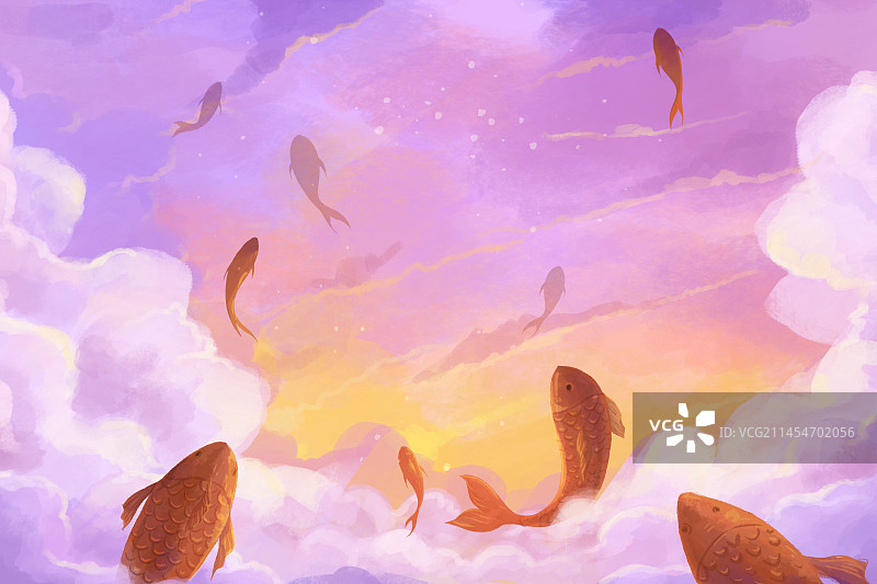 锦鲤天空云背景插画图片素材