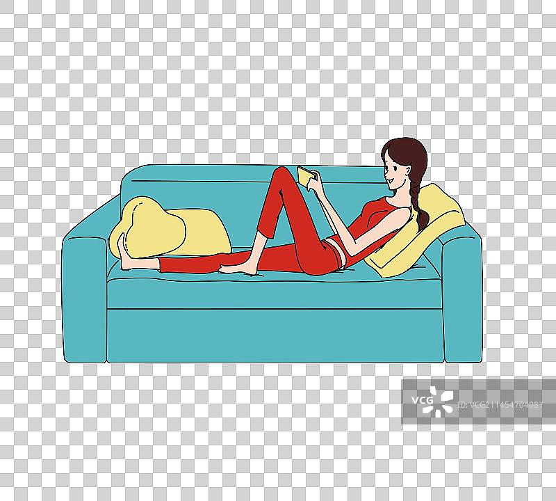 一个年轻美女躺在沙发上看手机矢量图图片素材