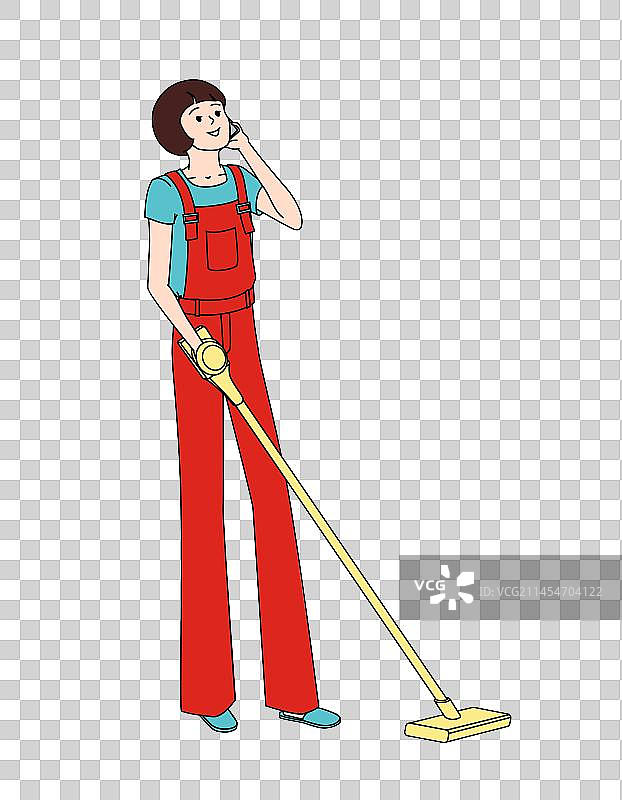 一个美女一边打手机一边用吸尘器做清洁矢量图图片素材