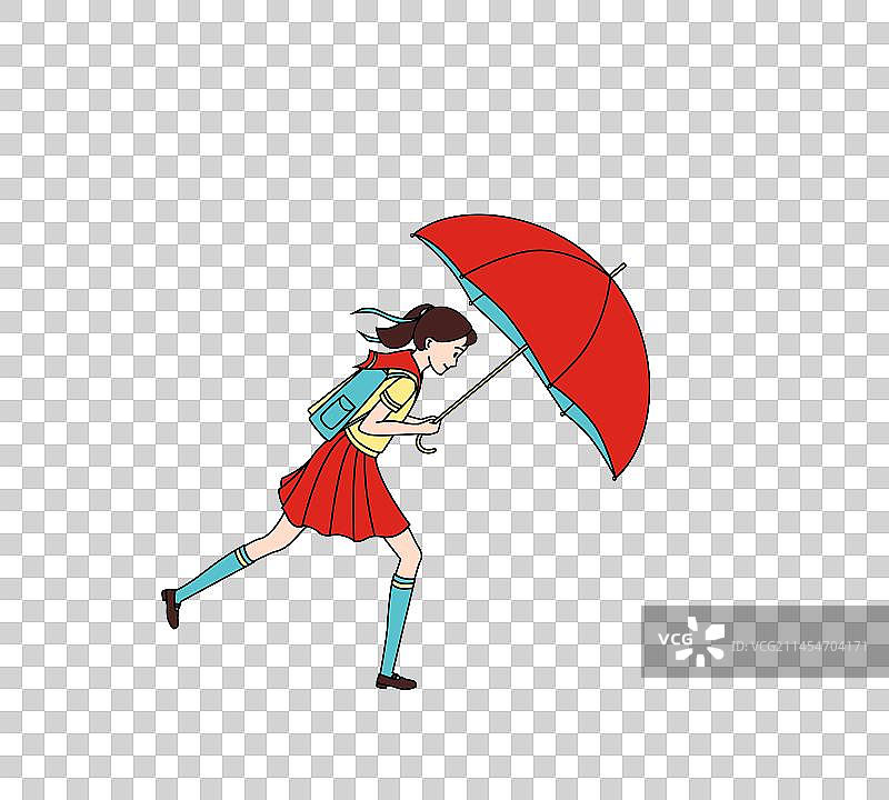 一个背双肩书包的小女孩打着雨伞大步走侧面矢量图图片素材