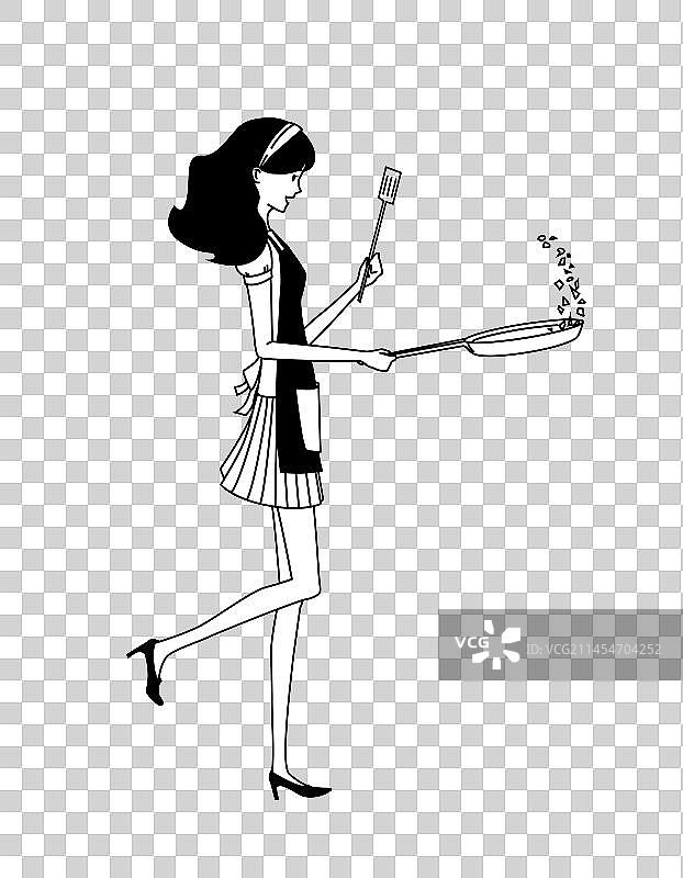 一个美女在炒菜颠勺黑白矢量图图片素材