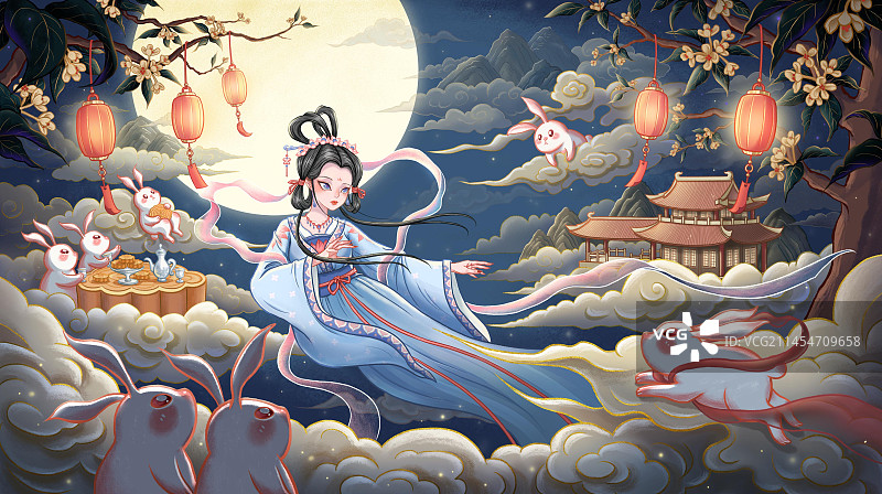 中秋节嫦娥奔月玉兔桂花树月饼桂花酒图片素材