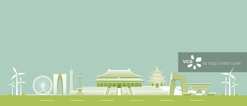 绿色中国地标建筑城市矢量插画图片素材